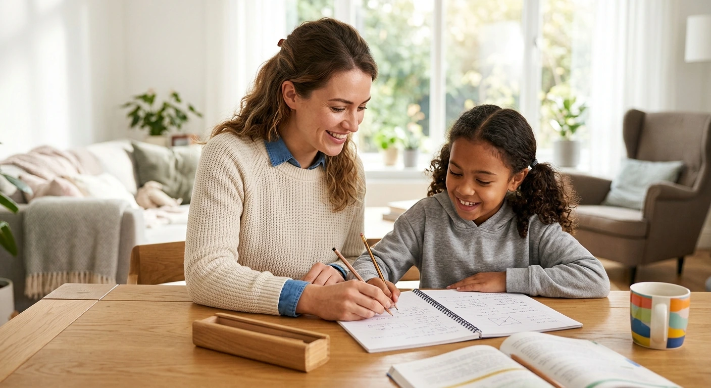 A KHDA-verified teacher helping a child with schoolwork at home in Dubai